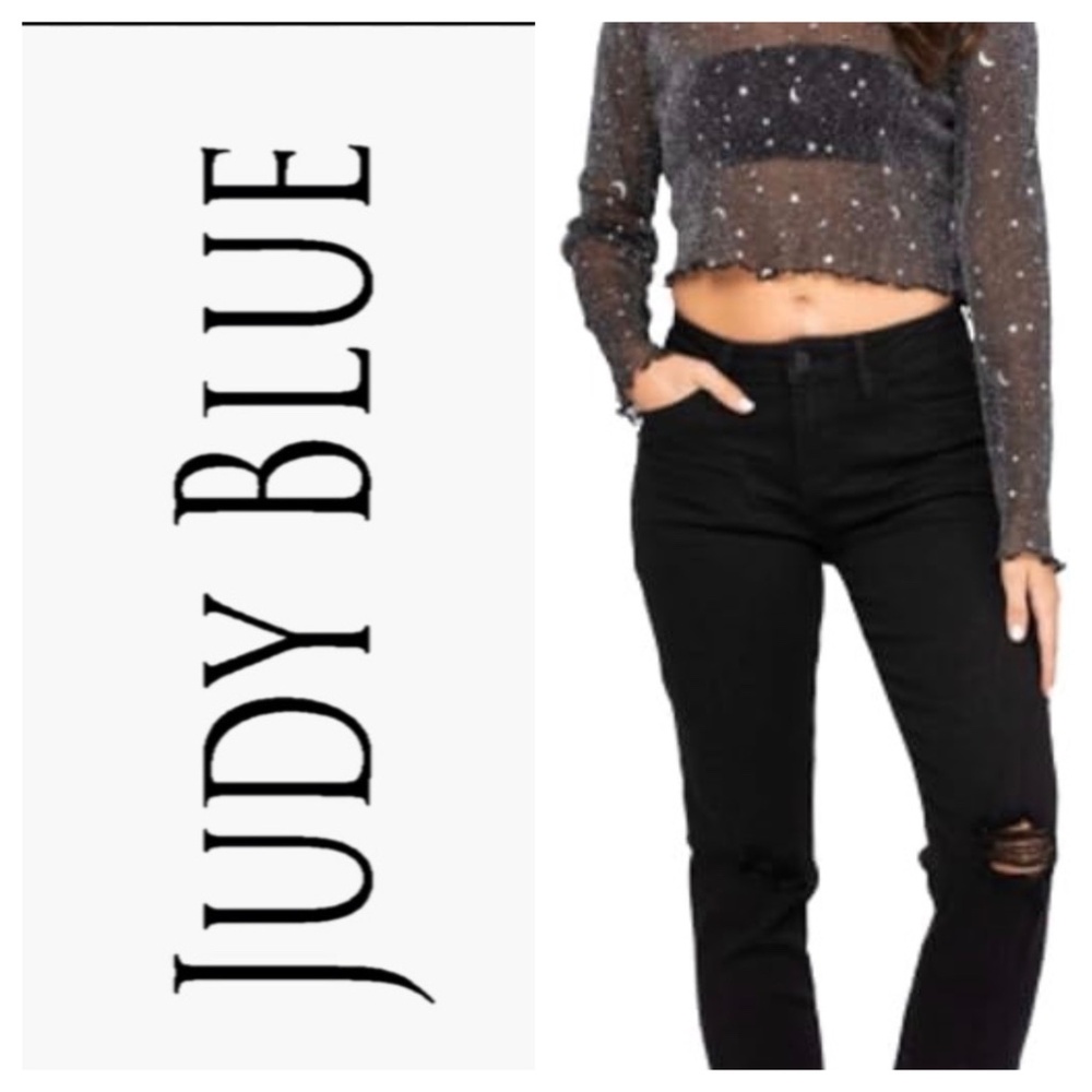Like New Judy Blue Black Mid-Rise Destroyed Slim FIT Jeans sz 15/32